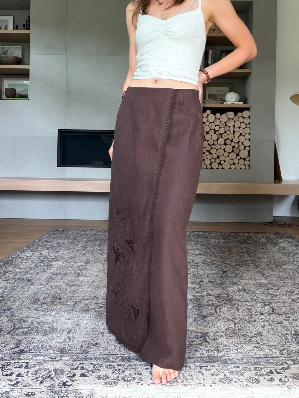 Vintage 100% linen dark Brown Maxi Skirt 90’s size 8